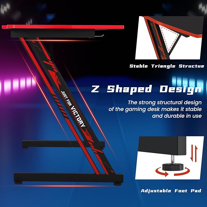 Gaming Desk 35 Inch Z-Shaped Gaming Computer Desk Modern Ergonomic PC Computer Table Home Office Desk Racing Style Gaming Workstation with Headphone Hook Red