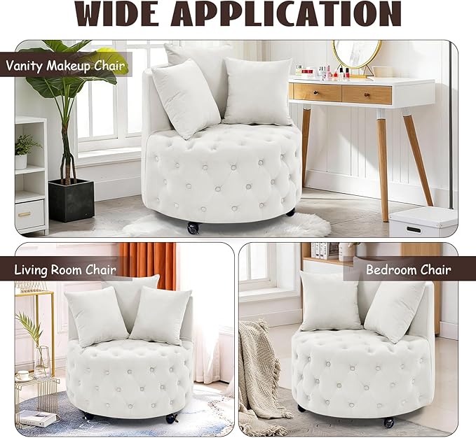 360° Swivel Barrel Chair Set of 2 30W Modern Velvet Upholstered Round Accent Chair with Button Tufted Design &amp 4 Movable Wheels Comfy Small Armchair for Living Room Bedroom Sillas Para Sala Bei