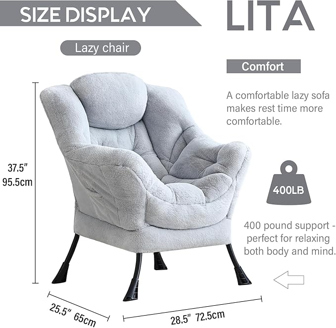 LITA Lazy Chair with Armrests and Side Pocket Modern Upholstered Accent Reading Chair for Living Room Bedroom Dorm Small Spaces Single Plush Grey