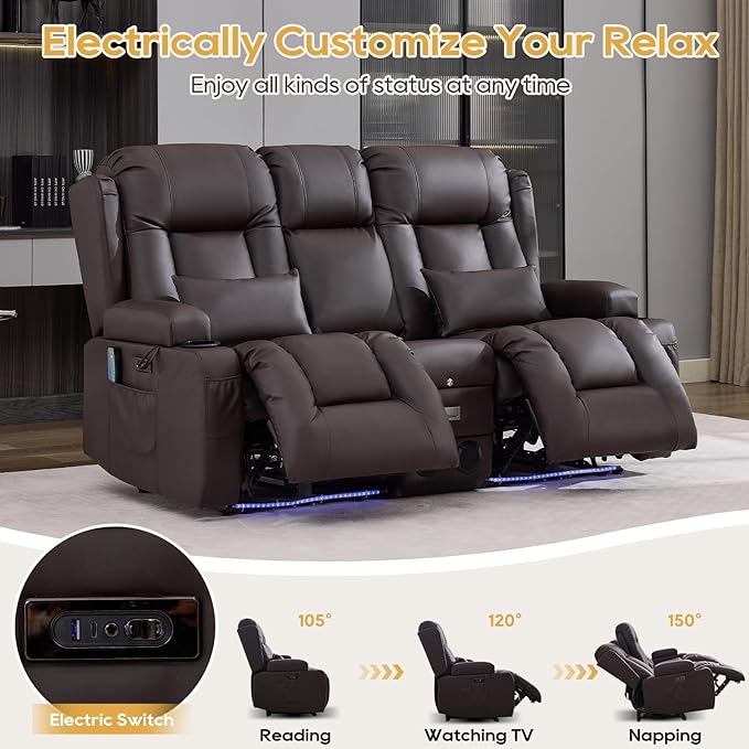 IPKIG Power Loveseat Recliner Sofa with Flip-Up Backrest Console Drawer AC Outlet LED Light Wall Hugger Recliners for Living Room RV Home Theater (Chestnut Console with Music LED)