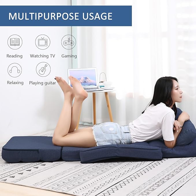 FLOGUOR 42-Position Adjustable Floor Chair Chaise Lounge Indoor Folding Lazy Sofa with Armrests and a Pillow Padded Adults Gaming Chairs for Living Room Bedroom Factory Price 8803XM (Blue)