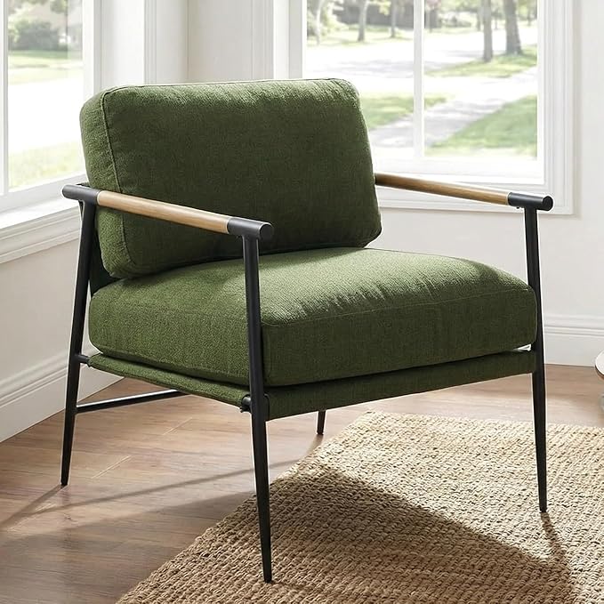 DUOMAY Green Modern Accent Chair Soft Linen Fabric Armchair Sofa Lounge Bedroom Chair with Metal Leg for Living Room Reading Office