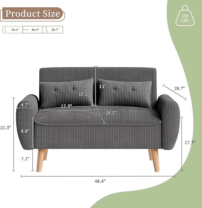Vongrasig 48 Small Modern Loveseat Sofa Mid Century Soft Corduroy Fabric 2-Seat Sofa Couch Tufted Love Seat with Back Cushions and Tapered Legs for Living Room Bedroom and Small Space (Dark Gray)