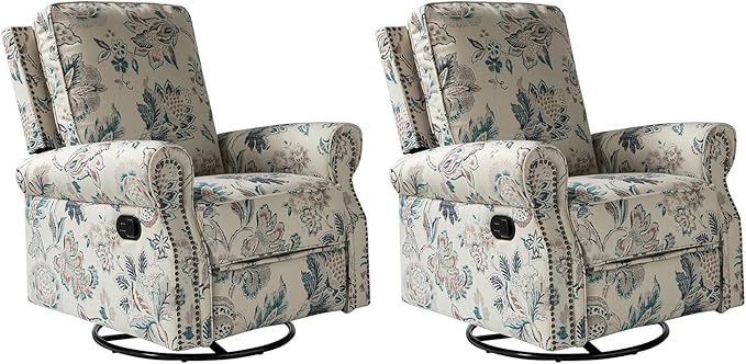 HULALA Home Rocker Recliner Set of 2 Modern Printed Fabric Swivel Glider with Adjustable Backrest &amp Footrest Teal