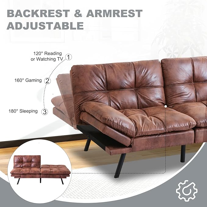 Futon Sofa Bed Convertible CouchMemory Foam Futon Sofa CouchSleeper Futons Sofa CouchesSmall Splitback Modern Loveseat Sofa Bed for Living RoomOfficeApartmentFaux LeatherBrown.