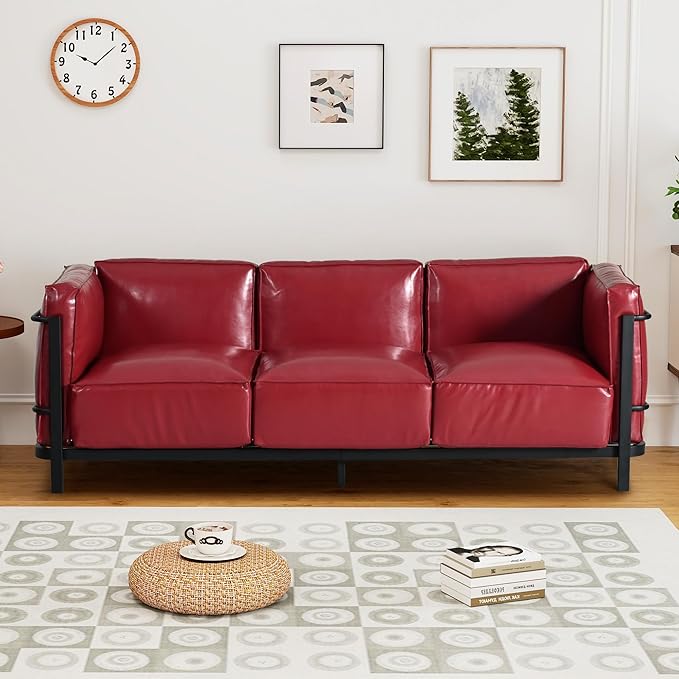 Minimalist Style 3 Seater Sofa Mid-Century Modern Faux Leather Sofa Couch with Fixed-Shape Iron Frame Upholstered Couch Chair for Living Room Office Apartment (Burgundy 3 Seater Sofa)