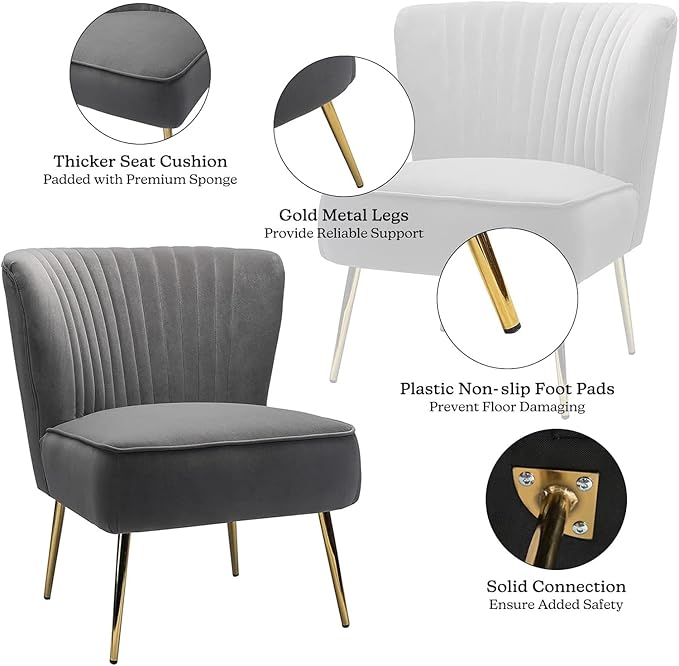Tina's Home Velvet Armless Accent Chair Upholstered Modern Small Side Chair with Golden Legs Comfy Cute Wingback Slipper Chair for Living Room Study Beauty Room Thickly Padded(Grey)