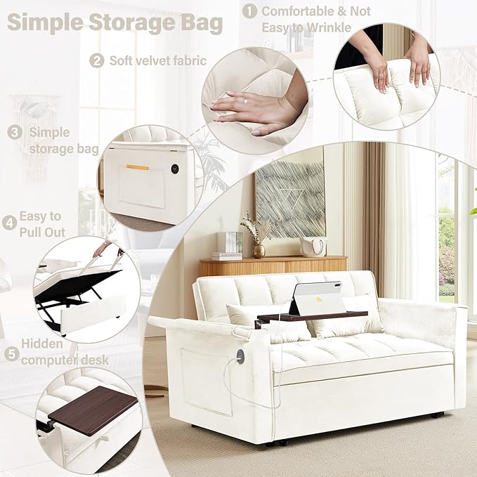 3 in 1 Sleeper Sofa BedConvertible Pull-Out Couch BedFuton Couches for Living Room with Side Pocket and Adjustable Backrest | USB Ports丨Sida Table丨Velvet Fabric | Small Loveseat CouchBeige