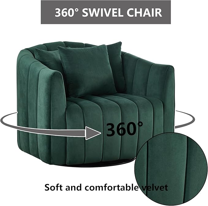 40 Inch Barrel Swivel Chairs with 3 PillowsGreen Velvet Swivel Chairs for Living RoomModern Accent ChairLarge Armchair 350lbs