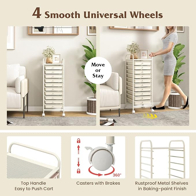 Giantex 10-Drawer Storage Cart w/Universal Wheel Rolling Cart w/Handle Home Organizer Storage Unit w/Removable Drawers Trolley Utility Cart for Kitchen Makeup Living Room Office Play Room Ivory