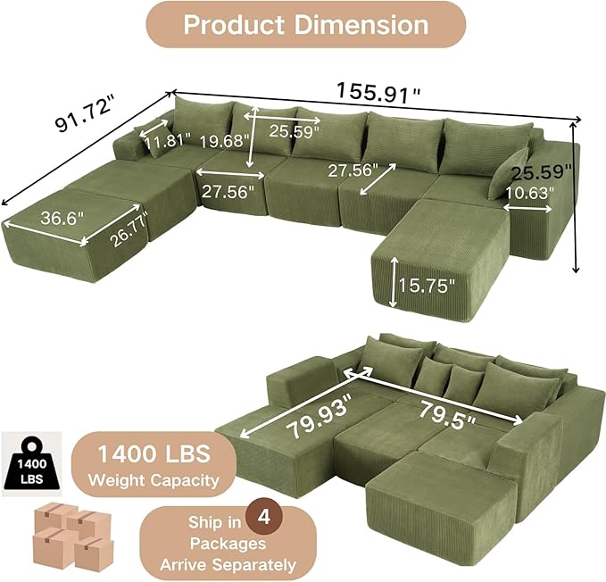 155 Oversized Cloud Boneless Couches for Living Room U-Shaped Modular Sectional Sofa with Deep Seat 8 Seater Boneless Couch with Ottoman &amp Pillows DIY Combination Modular Couch (Green 155)