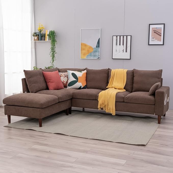 Panana Sectional Sofa Modern Large L Shape Corner Chaise Sofa Sectional Sofa Couch for Apartment Sectional Set with USB Port (Brown 6 Seater Corner with Built in USB Port Chaise)