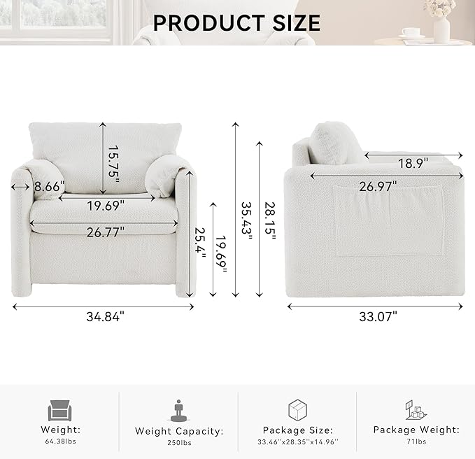 KEIKI Chenille Oversized Reading Chair- 33 W Modern Accent Chair with Deep Cushion Seating Comfy Upholstered Single Sofa Armchair for Living Room Bedroom Office Ivory White