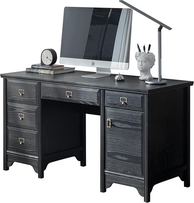 Chogori 55 Solid Wood Executive Desk Farmhouse Office Computer Desk with 5 Drawers &amp Storage Cabinet Wooden Writing Table for Home Office Study Bedroom Black