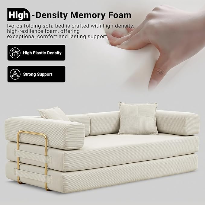 Folding Sofa Bed Convertible Sleeper Sofa Bed with Gold Fixed-Shape Frame Corduroy Floor Couch Lazy Compression Sofa for Living Room Bedroom Home Theater Beige