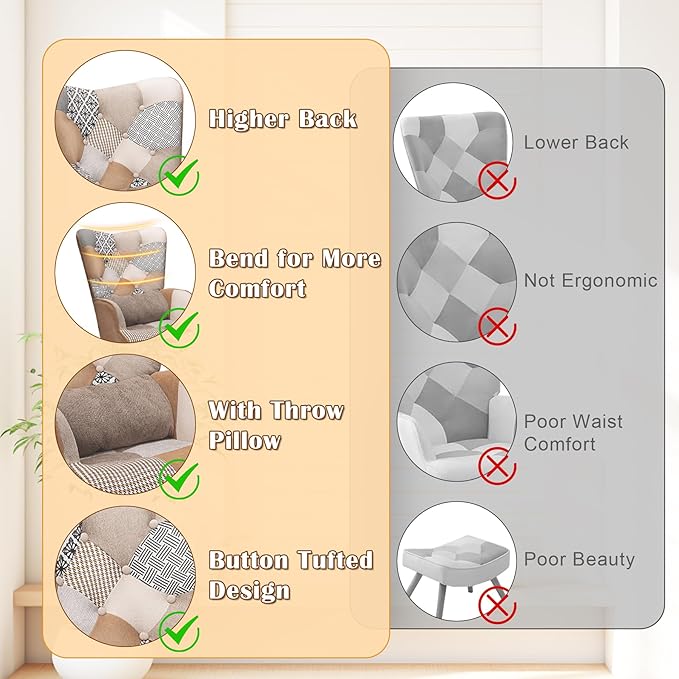 HomeMiYN Accent Patchwork Chair with Ottoman Set Fabric High Wingback Chair Comfy Bohemian Flax Design with Throw Pillow for Living Room Bedroom Patchwork Brown