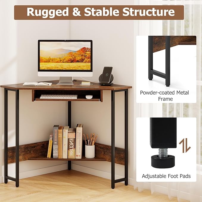 Tangkula Corner Desk with Keyboard Tray 90-Degree Triangle Corner Computer Desk for Small Space Industrial Writing Desk with Storage Shelf Space-Saving Laptop PC Desk (Rustic Brown)