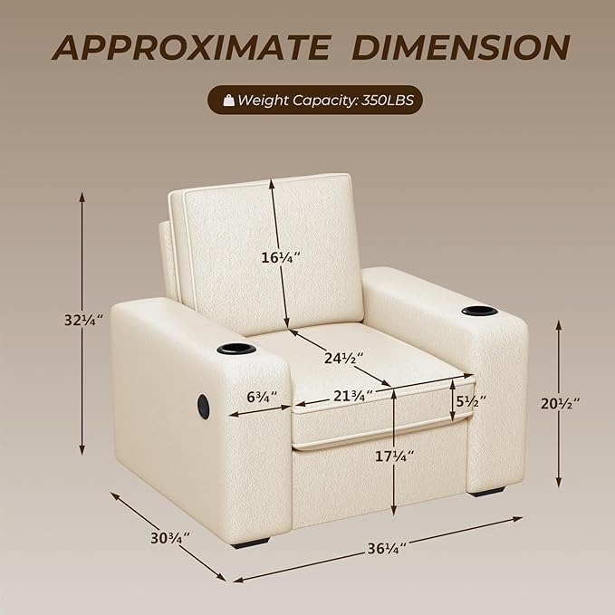 Furnimart 36 Wide Plush Accent Chair Single Sofa with USB Charger &amp Cup Holder Oversized Comfy Chair Tufted Terry Fabric Ideal for Living Room Bedroom Apartment(Terry-Beige)
