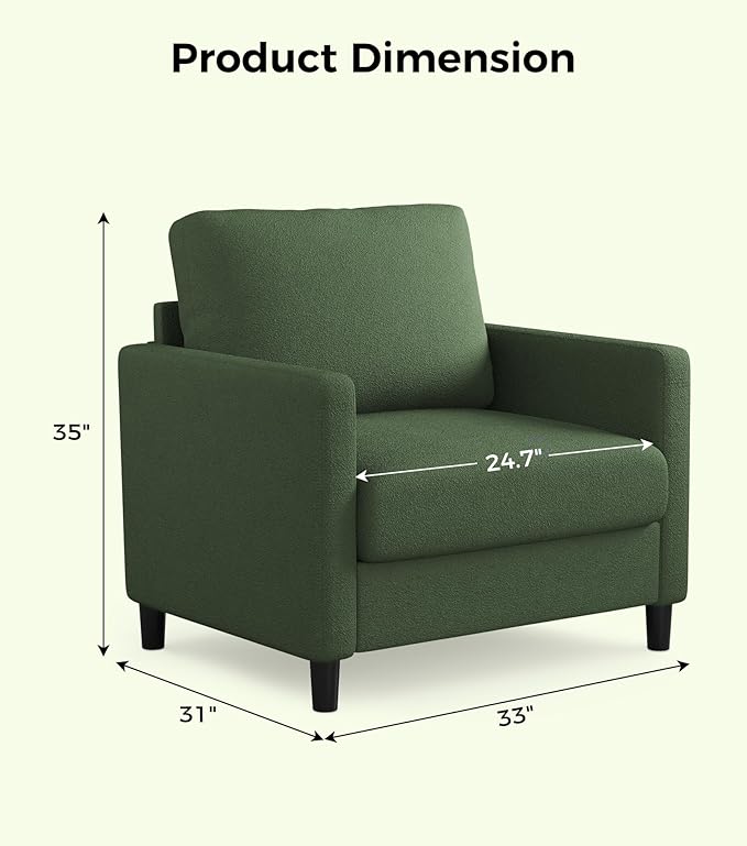 Sofa Reading Chair33 Accent Chair for Bedroom Tool-Free Setup Living Room Accent Chairs Comfy Arm Chairs Living Room All-Wood Reading Nook Green