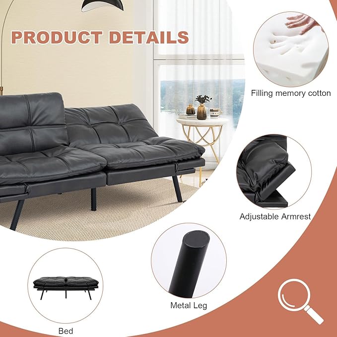 MUUEGM Futon Sofa Bed Couch Convertible Futon Memory Foam Futon Couch Bed Modern Sofa Couch Love Seat Sleeper Sofa for Small SpaceLiving RoomOfficeAdjustable Backrests&ampArmrests SofabedBlack