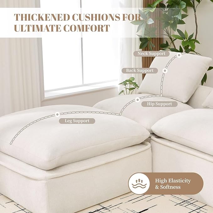 119 Oversized Cloud Modular Chenille Sectional Sofa with 2 Coffee Table Trays 4 Seat Couch Sectional Large Sectional Couches for Living Room White