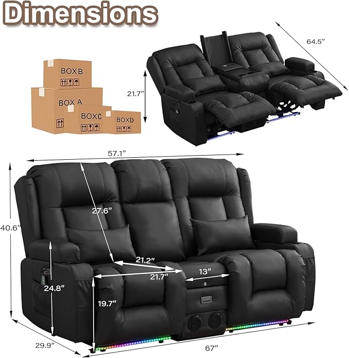 TUNYI Power Loveseat Recliner Sofa with Massage &amp Heat Home Theater Seating with Console RV Recliner Loveseat Sofa with USB/Storage/Side Pocket/LED Light/Speaker (Black Loveseat)