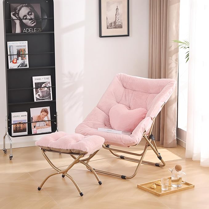 Comfy Saucer Chair with Ottoman Oversized Folding Faux Fur Chair Soft Furry Lounge Lazy Chair with Metal Frame Moon Chair Accent Chair for Bedroom Living Room Dorm Rooms