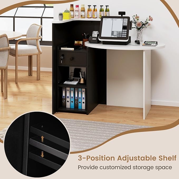 Reception Desk Small Retail Checkout Counter with Lockable Drawer and Open Shelves Wooden Front Desk Reception Counter Oval Desktop &amp L Counter for Store Office Lobby Salon (White &amp Black)