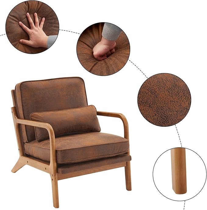 Karl home Accent Chair Mid-Century Modern Chair with Pillow Bronzing Cloth Upholstered Lounge Arm Chair with Solid Wood Frame &amp Soft Cushion for Living Room Bedroom Balcony Brown