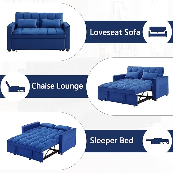 54 Convertible Sofa Bed Velvet Sleeper Sofa with Pull-Out Bed 3-in-1 Futon Couch with Reclining Backrest and Side Pocket Modern Loveseat for Living Room (Dark Blue)