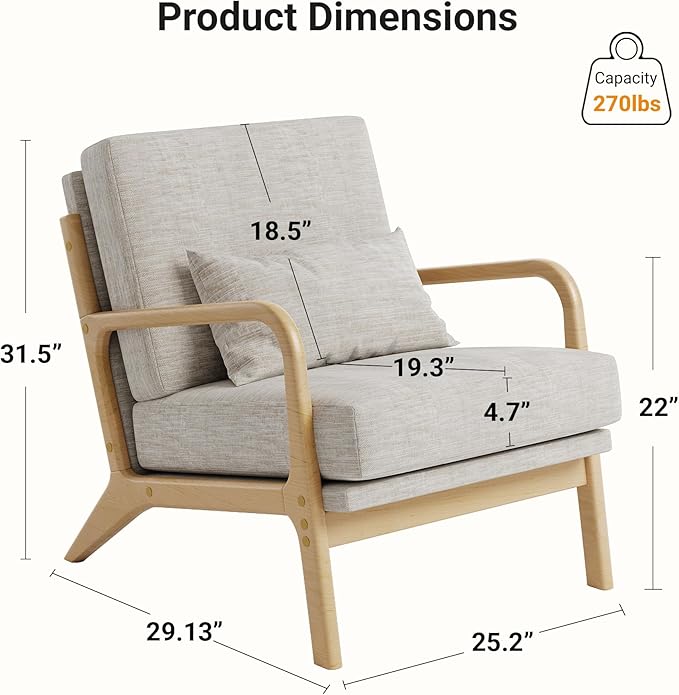 Claiks Mid-Century Modern Accent Chair Living Room Armchair with Solid Wood Frame &amp Lumbar Pillow Comfy Upholstered Lounge Chair for Bedroom Office Linen-Like Fabric Light Gray