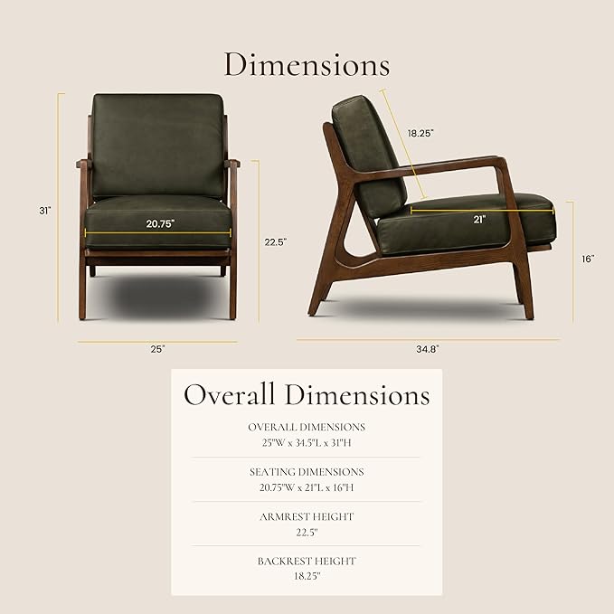 Poly &amp Bark Verity Leather Accent Chair – Armchair with Walnut Wood Frame – Fashion-Forward Lounge Seating for Living Room – Upholstered in Olivine Green Leather for Modern Style