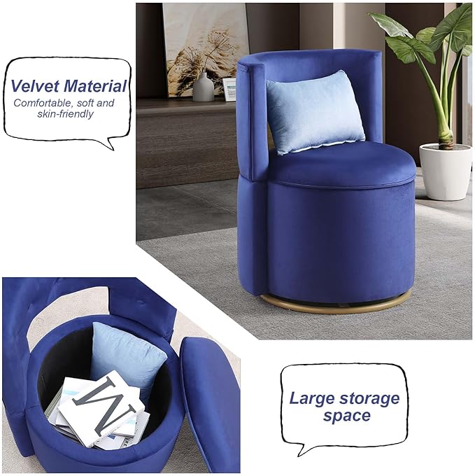 Vantiy Chair with Storage Round Velvet Chair with Tufted Button and Hollowed Back Back Cushion Included (Blue)