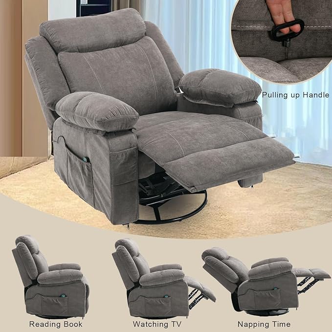 Swivel Rocker Recliner Chair with Massage and Heat Overstuffed Nursery Recliners Oversized Fabric Single Sofa Manual Reclining Home Theater Lounge Chairs for Living Room Adults Grey