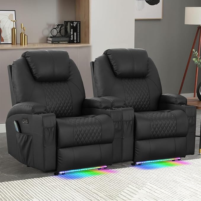 Power Recliner Chair with Heat and Massage for Adults - Home Theater Seating with LED LightsCup HoldersSide PocketUSB Port - Recliner Sofa for Living Room (Black Set of 2)