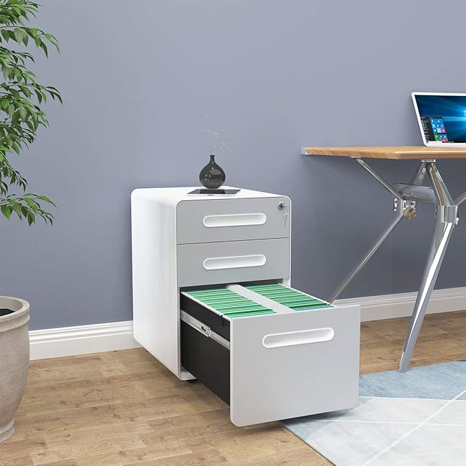 YITAHOME 3-Drawer Rolling File Cabinet Metal Mobile File Cabinet with Lock Filing Cabinet Under Desk fits Legal/A4 Size for Home/Office Fully Assembled-Gray and White