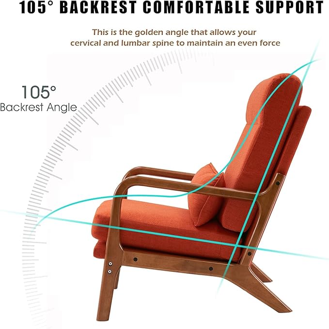 Accent Chair with Cushion Mid-Century Modern Upholstered Single Reading Armchair High Back Sofa with Linen Fabric + Solid Wood Frame for Living Room Bedroom Lounge Balcony (Orange)