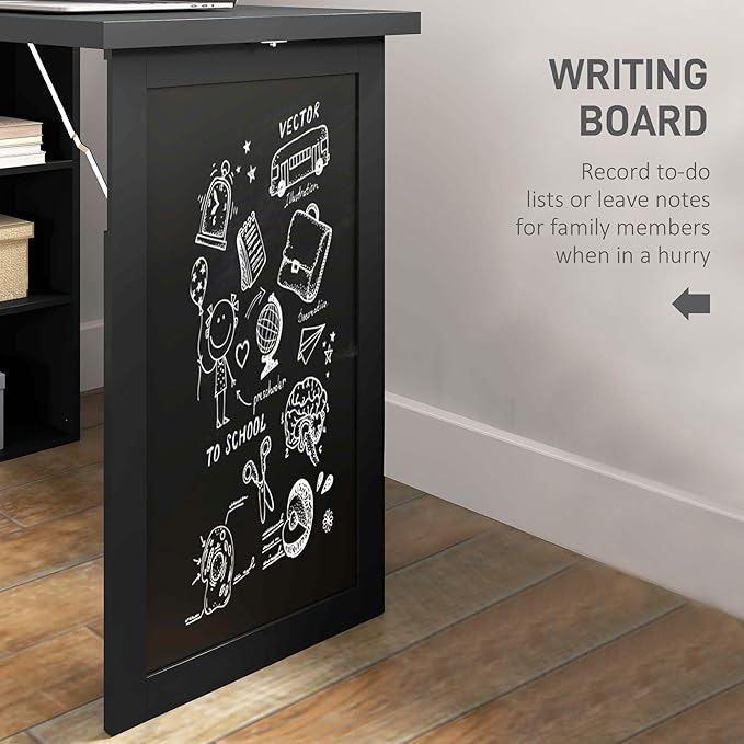 HOMCOM Foldable Convertible Writing Table Wall Mounted Space-Saving Computer Desk with Chalkboard and Storage Shelves for Small Spaces Home Office Bedroom Dorm Apartment Black