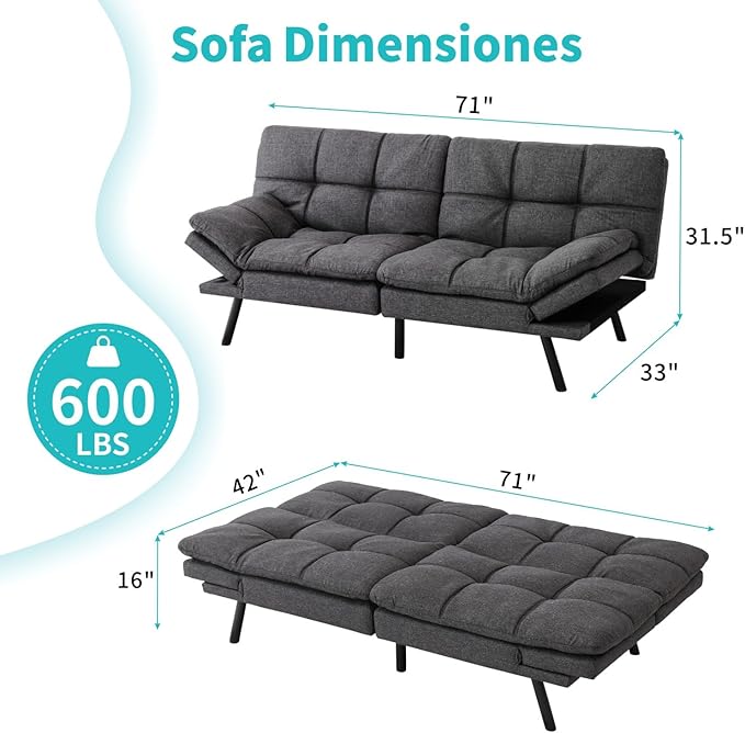 MUUEGM 71 Futon Sofa Bed with Memory FoamFuton Couch with Adjust Backrest and Armrest Couches Bed for Living RoomStudios Apartments Dormitories Offices and Game Rooms. Dark Gray Sofa Bed