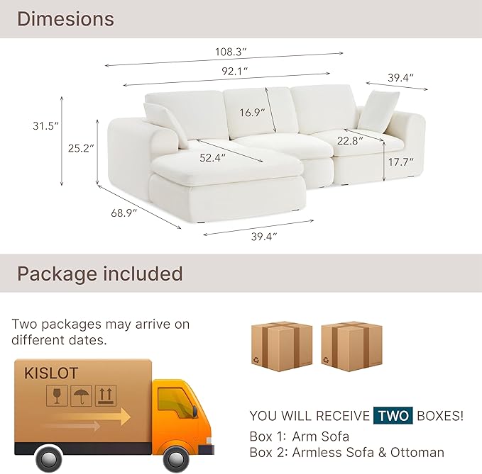 108 Boneless Cloud Couch Sectional No Assembly Required Modular Sofa with Deep Seat for Living Room L Shaped Couch with Ottoman Snowflake Fabric and Memory Sponge White