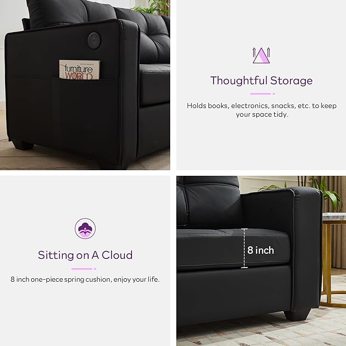TYBOATLE Black Couch Sectional Couches w/Side Pockets for Living Room Comfy Faux Leather Modular Convertible L Shaped Sofas with USB &amp Ottoman Leather Sectional for RV Apartment Office