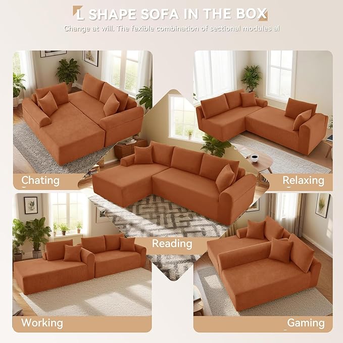 103 Cloud Modular Sectional Couch for Living RoomModern L-Shape Sofa Couch with Chaise Upholstered Modular Sectional Sofa with Deep SeatNo Assembly Required(Orange Left Facing Chaise)
