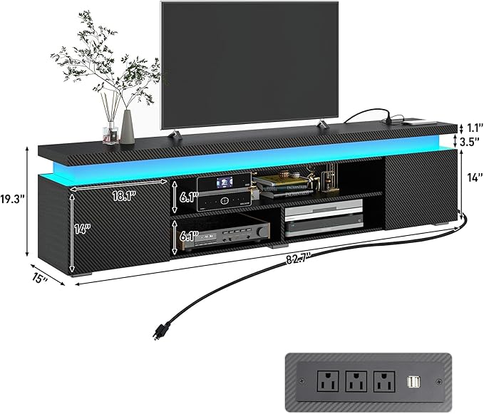 LED TV Stand for 95 Inch TV Modern TV Stand with Power Outlet TV Console Entertainment Center with Storage and LED Lights for Living Room Bedroom (83 Inch Black Carbon Fiber)