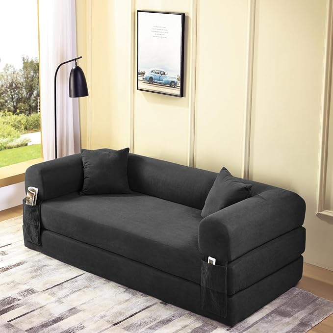 4-in-1 Folding Convertible Sofa Bed 80 Inch Oversized Corduroy Boneless Couch Loveseat Sleeper with Pull Out Bed Floor Sofa Modular Futon Teddy Sofa for Living Room Bedroom Lounge Deep Gray