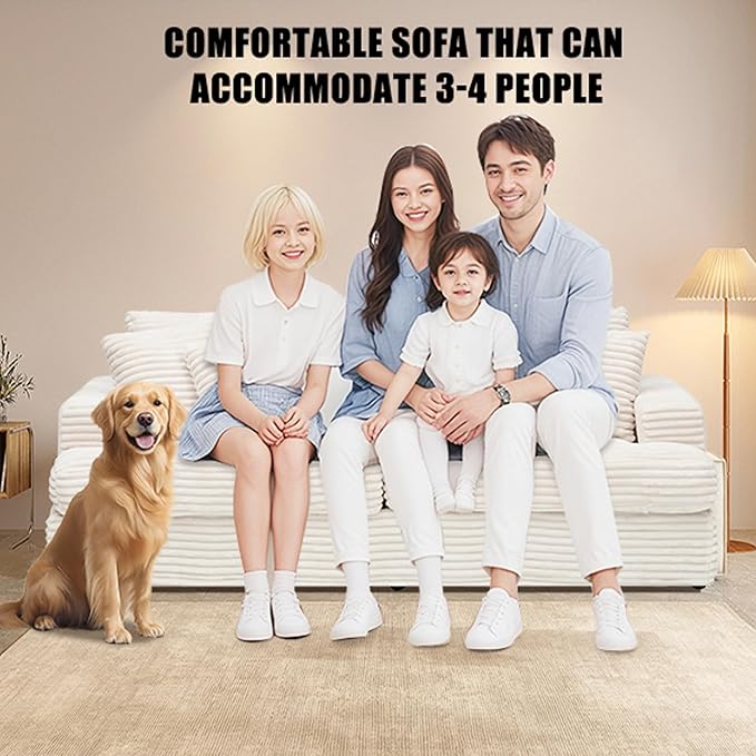 Modern Cloud Couch 3-Seater with 4 Matching Toss Pillows 88.58 Soft Corduroy Sofa with Deep Seat for Small Spaces Living Room Apartment (White)