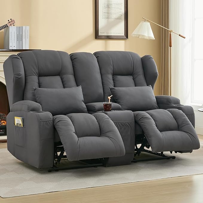 IPKIG 65 Loveseat Recliner Sofa - 2 Seater Reclining Sofa with Storge Console Side Pockets Cup Holders and Lumbar Pillows Manual Recliner Chair (Grey 65 Loveseat)