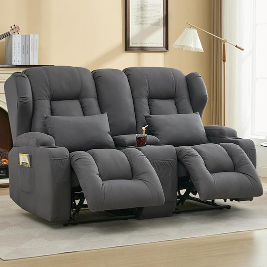 IPKIG 65 Loveseat Recliner Sofa - 2 Seater Reclining Sofa with Storge Console Side Pockets Cup Holders and Lumbar Pillows Manual Recliner Chair (Grey 65 Loveseat)