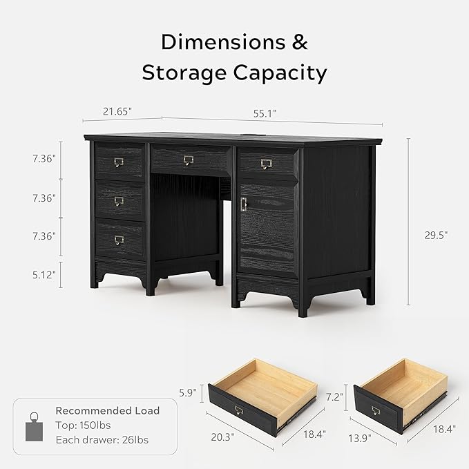 55 Farmhouse Executive Desk Solid Wood Painted Home Office Desk with Charging Station 5 Drawers Storage Cabinet Computer Writing Table for Work Study Writing Black
