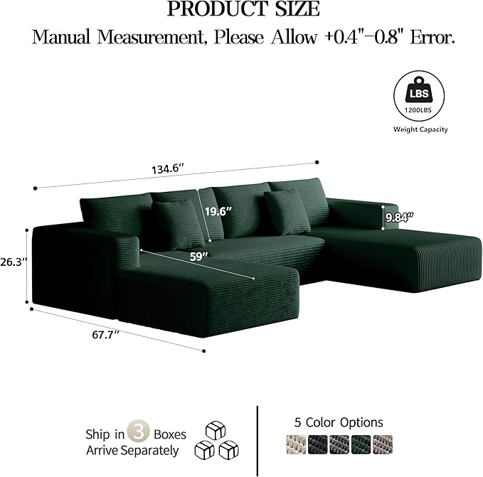 134.6'' U-Shaped Modular Sectional SofaModern Comfortable Corduroy Cloud CouchConvertible Boneless Couches for Living Room with OttomanNo Assembly(Green)