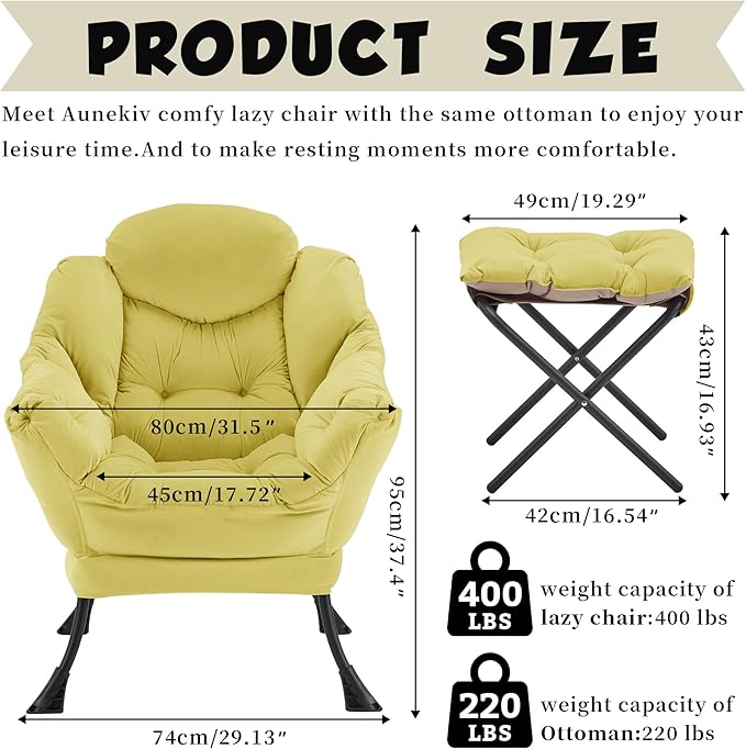 Lazy Chair with Ottoman Comfy Accent Lounge Chair with Side Pocket Modern Reading Armchair with Footrest Upholstered Sofa Chair for Small Spaces Bedroom Living Room Dorm Yellow